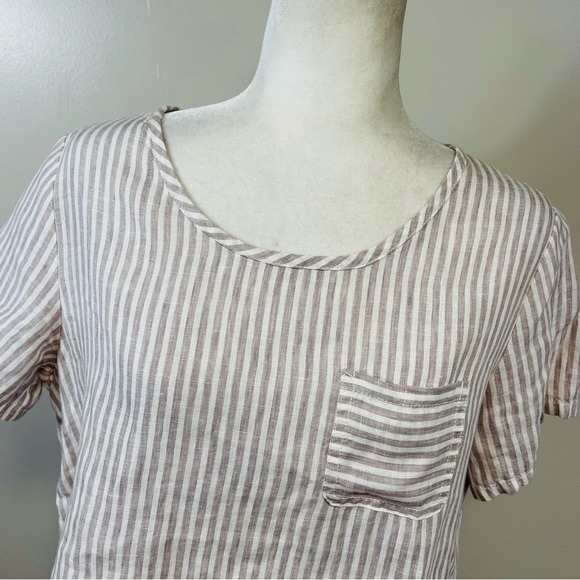 TAHARI 100% Linen Tan & White Striped Short Sleeve pocket Top - SMALL - Picture 2 of 7